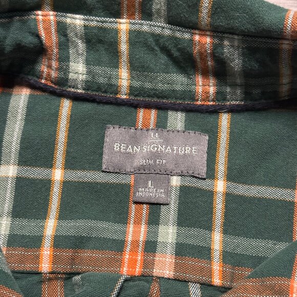 L.L. Bean Men's Signature Stretch Poplin Plaid Flannel Shirt - Green/Orange - Picture 3 of 5